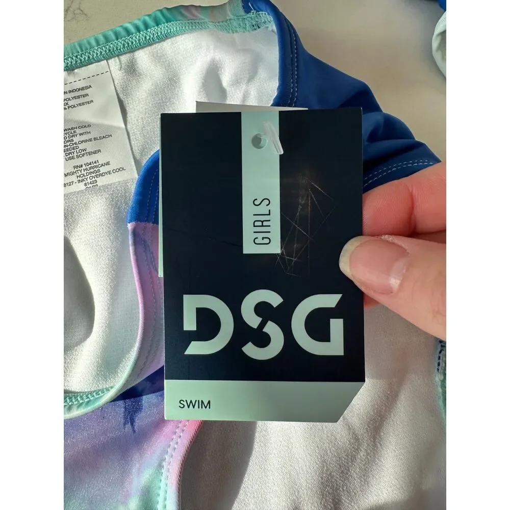 NWT DSG Girls High Waist Swim Bottom Inky Overdye Cool Blue Tie Dye Size XL